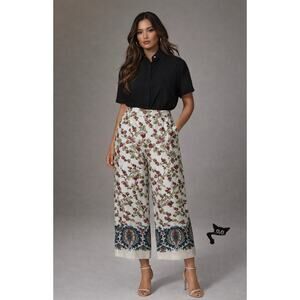 NWT Etro Silk Vanilla Multi Leaf Design Paisley Hem Wide Leg Crop Pants 48 / 14